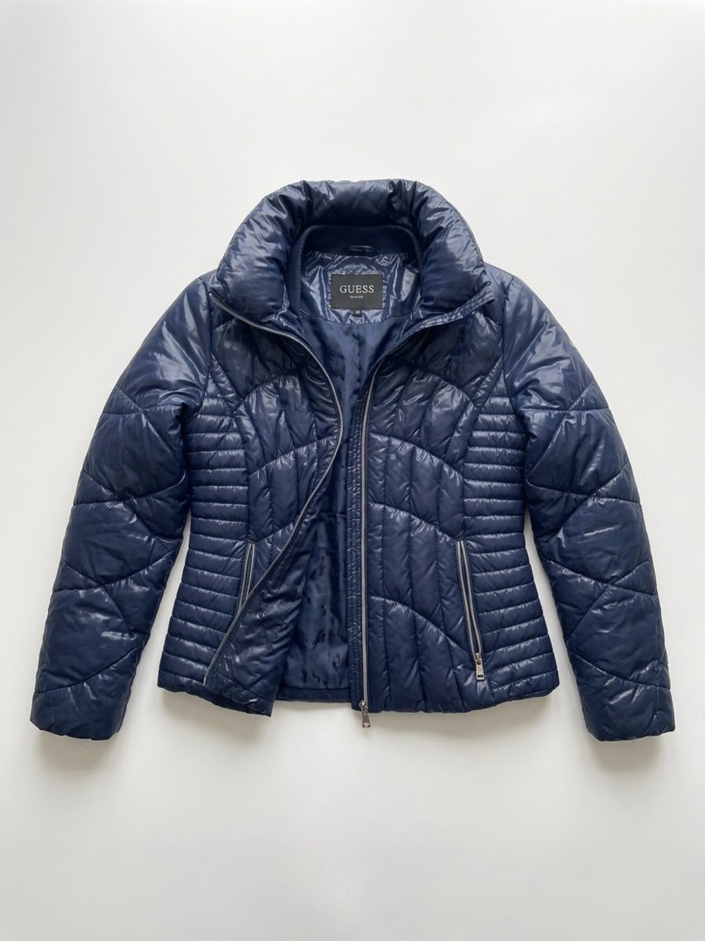 GUESS Navy Blue Fitted Quilted Short Puffer Jacket Coat
